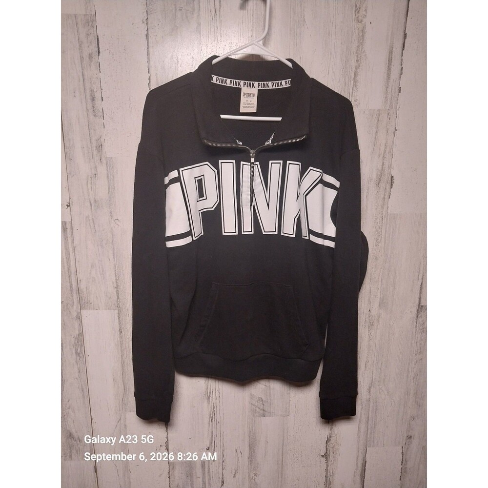 VICTORIA'S SECRET PINK BLACK WHITE BOYFRIEND QUARTER ZIP PULLOVER SWEATSHIRT M